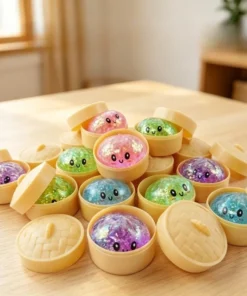 Balle anti-stress souple et rebondissante en forme de dumpling de simulation avec boîte de cuisson vapeur en bambou, jouet sensoriel pour cadeau créatif