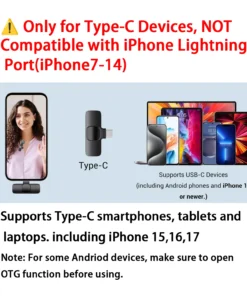 Alternative view of Microphone Lavalier Sans Fil Professionnel avec Port Type-C pour Smartphones, Ordinateurs, Tablettes, Plug and Play