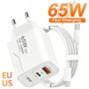 Chargeur USB C GaN 65W à 2 ports, charge rapide, adaptateur secteur pour iPhone, Samsung, Xiaomi, type C, prise EU/US, chargeur mural