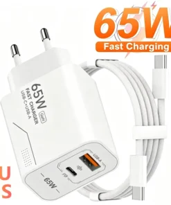 Chargeur USB C GaN 65W à 2 ports, charge rapide, adaptateur secteur pour iPhone, Samsung, Xiaomi, type C, prise EU/US, chargeur mural
